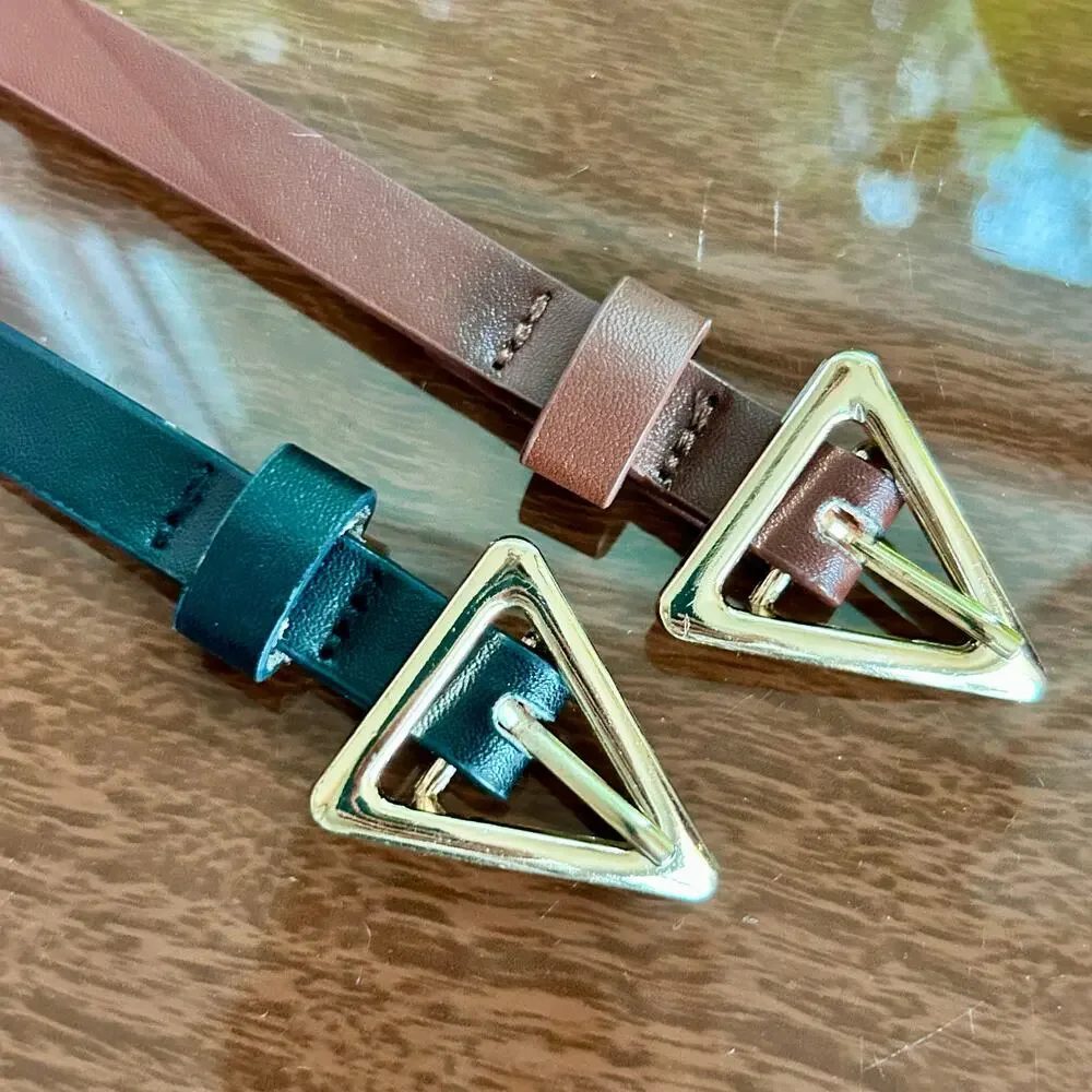 Set of 2 Skinny Belts – Brown & Black with Gold Triangle Buckles – 43” Length